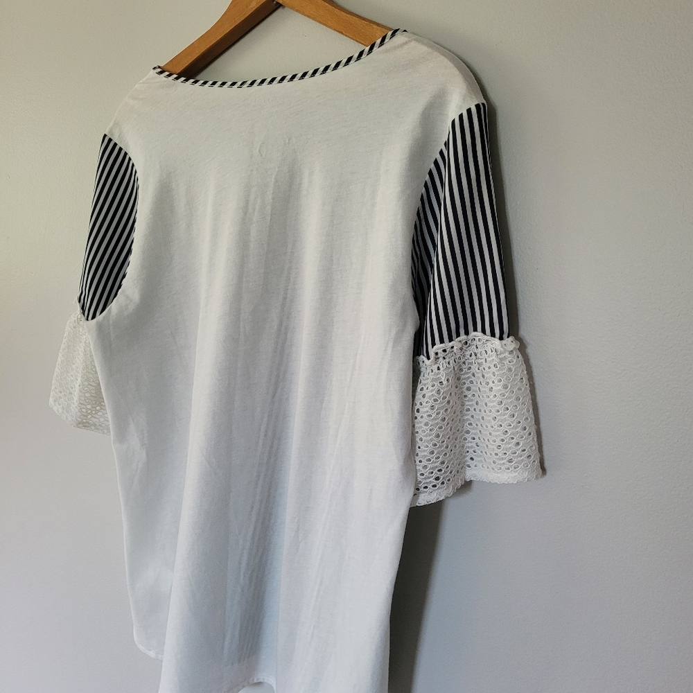 Boho Van Heusen Navy & White stripe lace sleeved top, M - Picture 4 of 5